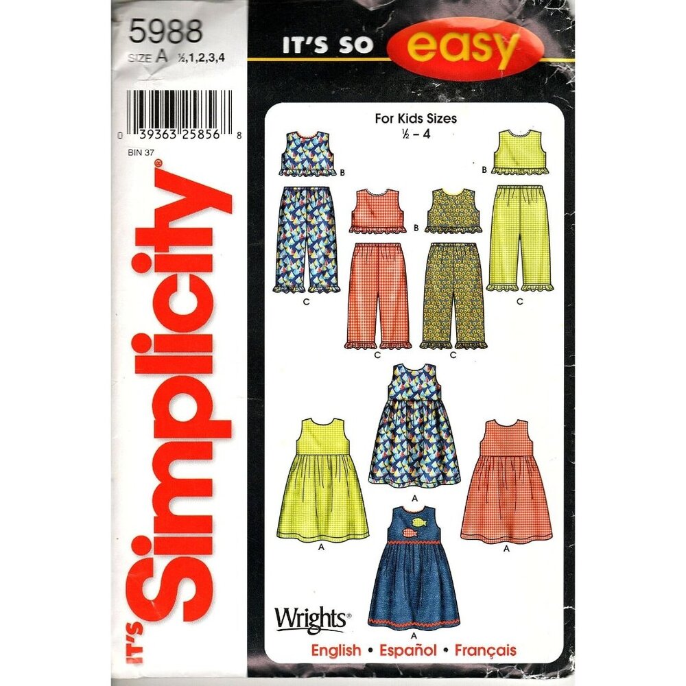 Simplicity 5988 Toddler Girls 1/2 to 4 Dress, Top, and Pants Sewing Pattern